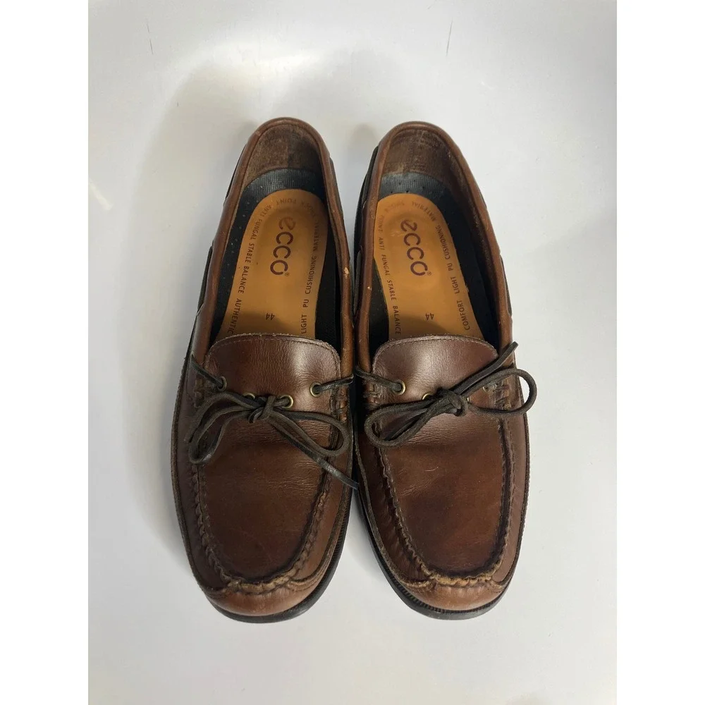 ECCO Boat Shoes Mens 44 Brown Good Leather Loafers Moc Toe Casual Slip On
